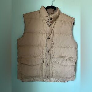 Vintage Cabelas Down Puffer Vest Mens Large Tan Brown Zip Snap USA Made Hunting